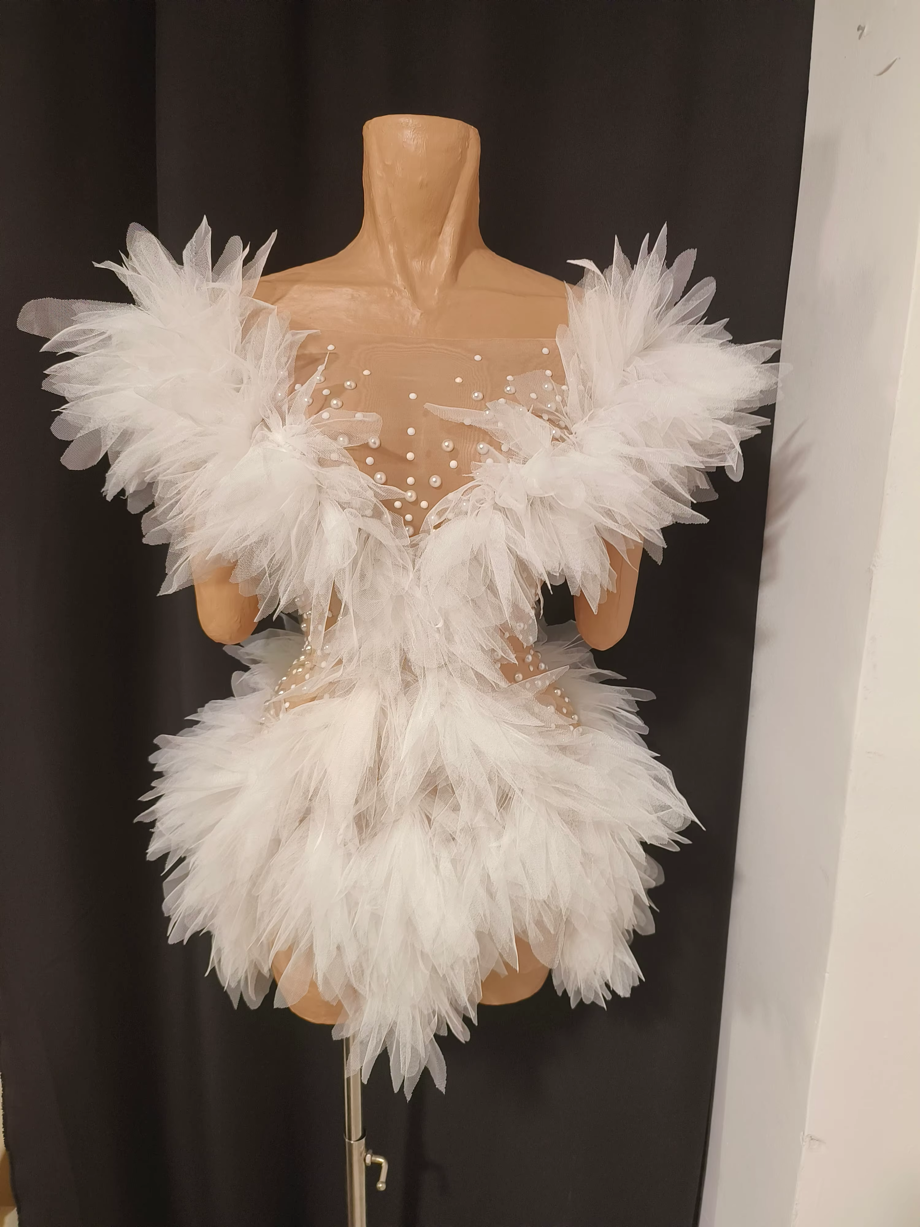 Robe mini en tulle blanc luxueuse pour femme, sexy, transparente, ornée de perles et de cristaux, mo