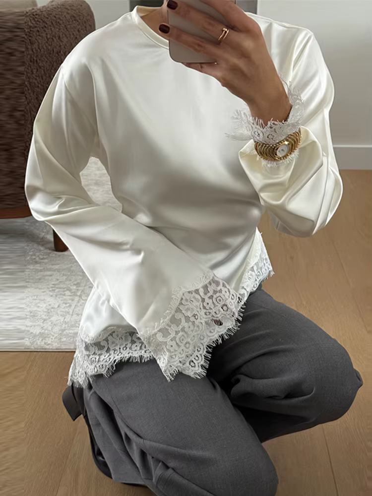 Blouses amples en patchwork à lacets pour femmes, pull-overs ajustés à ceinture et col rond, collect
