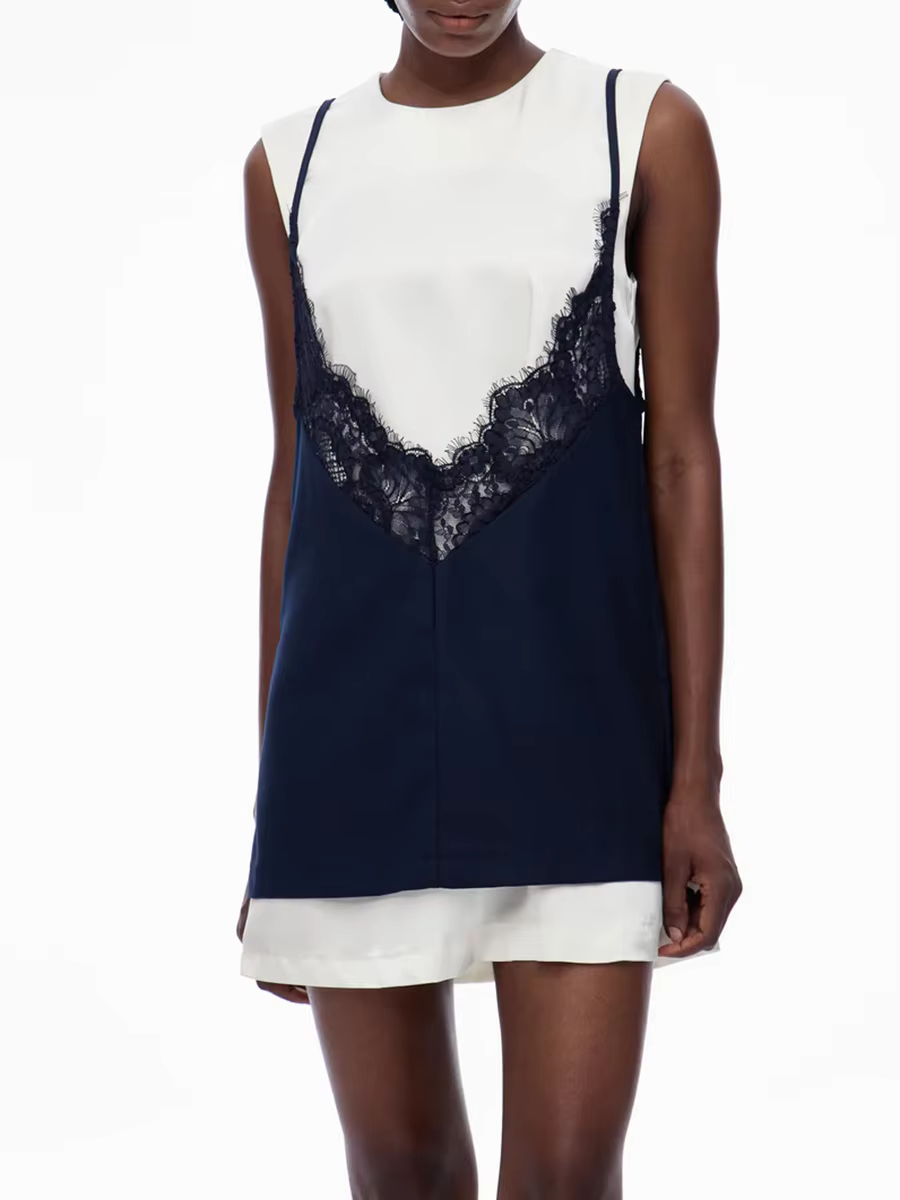 TWOTWINSTYLE Hit couleur épissé dentelle robes décontractées pour les femmes col rond sans manches b