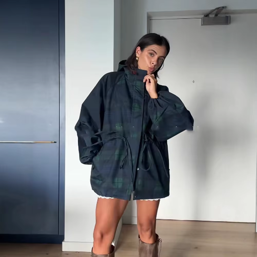 Veste rétro à carreaux pour femme, col montant, cordon de serrage à la taille, coupe-vent court à ca