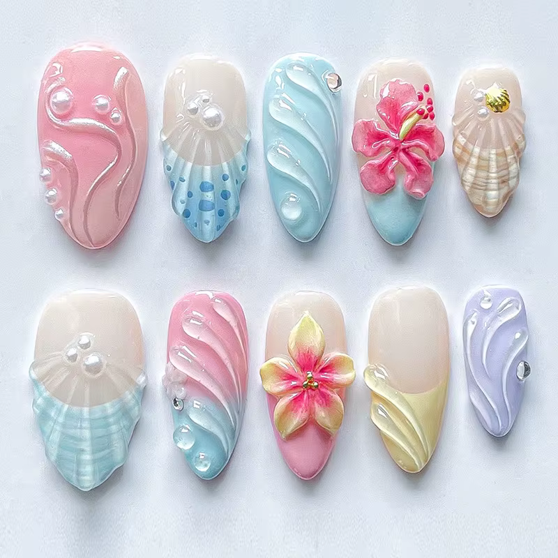 24 pièces doux Cool amande ensemble d'ongles presse sur ongles acryliques 3D Floral papillon faux on