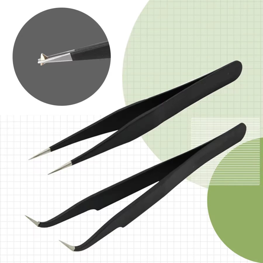Pincettes antistatiques, pincettes noires de précision pour Nail Art et Extensions de cils, outils d