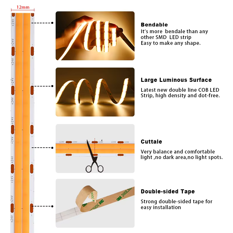 Bande LED COB Double rangée 10000lm Super lumineuse 600 LED s/m bande LED Flexible à intensité varia