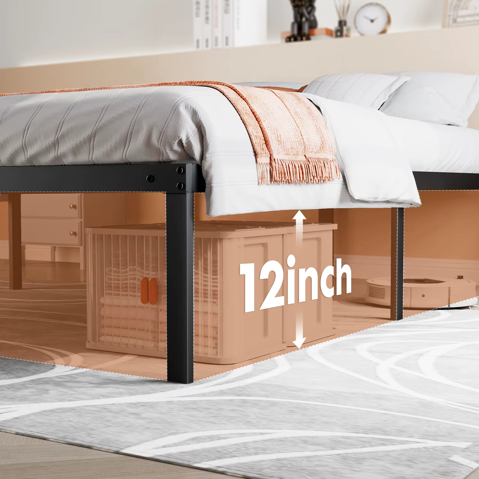 JIAN-Cadre de lit simple en métal avec espace de rangement, support à lattes en acier robuste, 350lb
