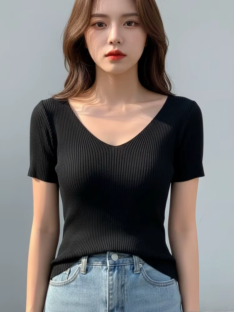 AOSSVIAO 2026 – Nouveau pull côtelé tricoté pour femme, col en V, uni, fin, moulant, à manches court