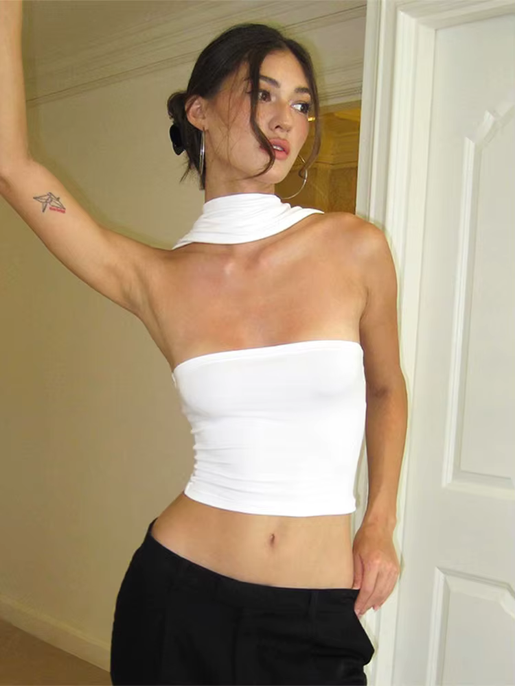 2025 chic blanc sexy bretelles haut court élégant coupe ajustée été gilet bustier tubulaire haut cou