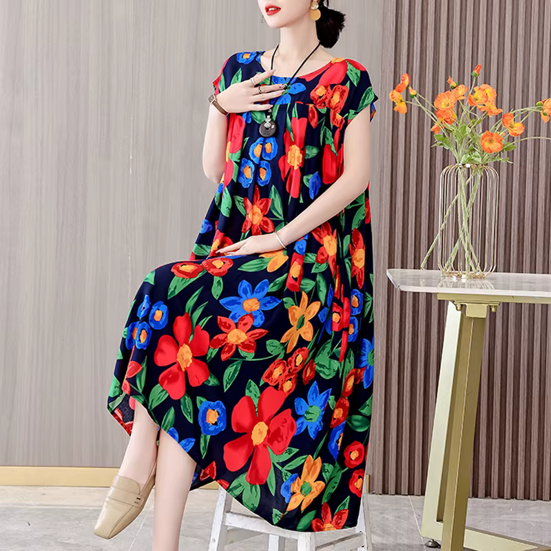 Nouvelle Collection Tendance : Robe Décontractée Été 2026 Imprimée Ample Col Rond en Coton pour Femm