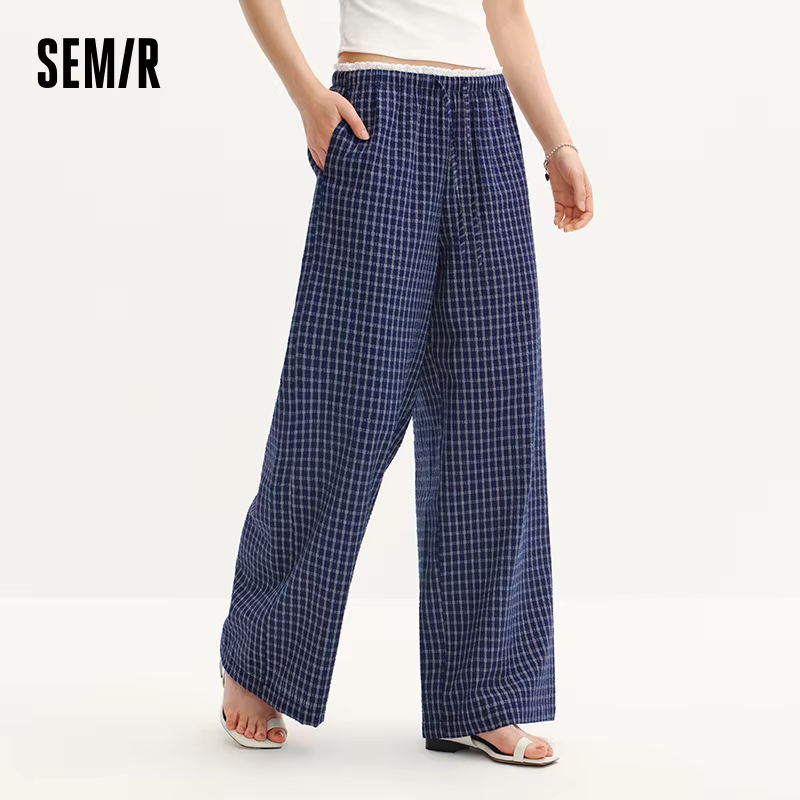 Pantalon Femme Semir à Carreaux 2026, Texturé, à Volants, Coupe Large, Style Urbain Décontracté, Dou