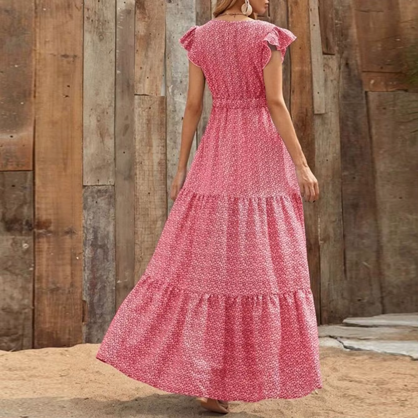 Robe longue d'été pour femmes européennes et américaines, col en V, taille haute, imprimé floral, st