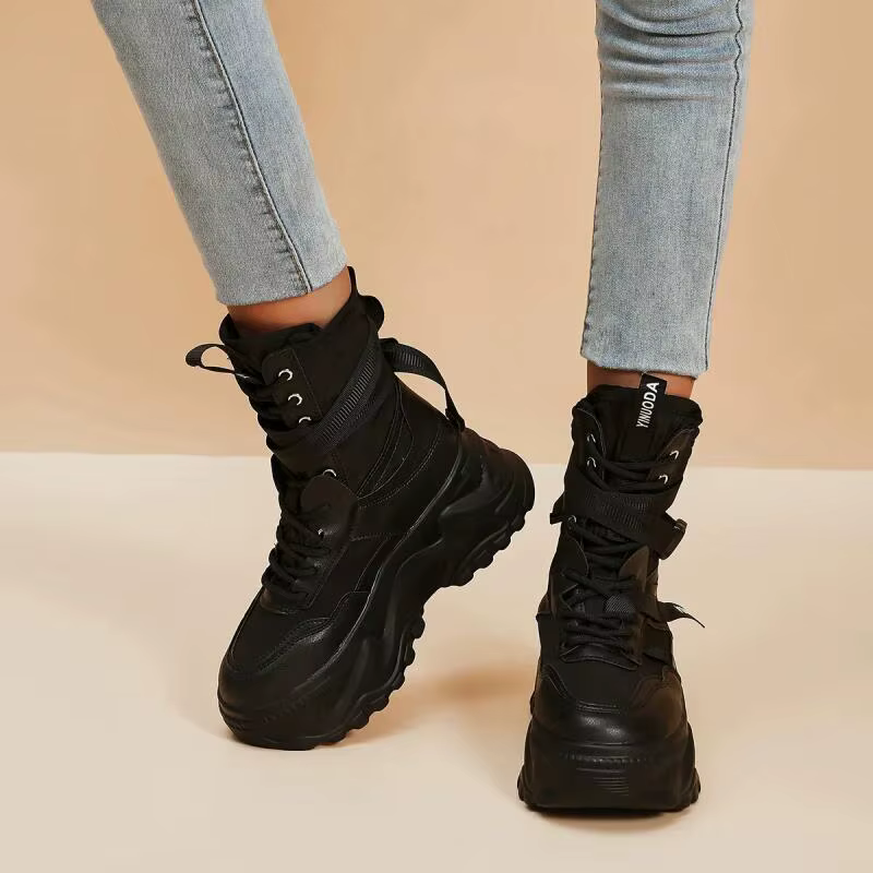 Bottes de moto noires à plateforme épaisse, à lacets, vulcanisées, pour femme, automne hiver 2026, b