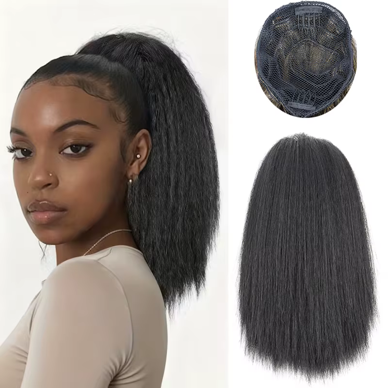 Extensions capillaires synthétiques Yaki courtes et lisses avec cordon de serrage, 10 pouces, queue