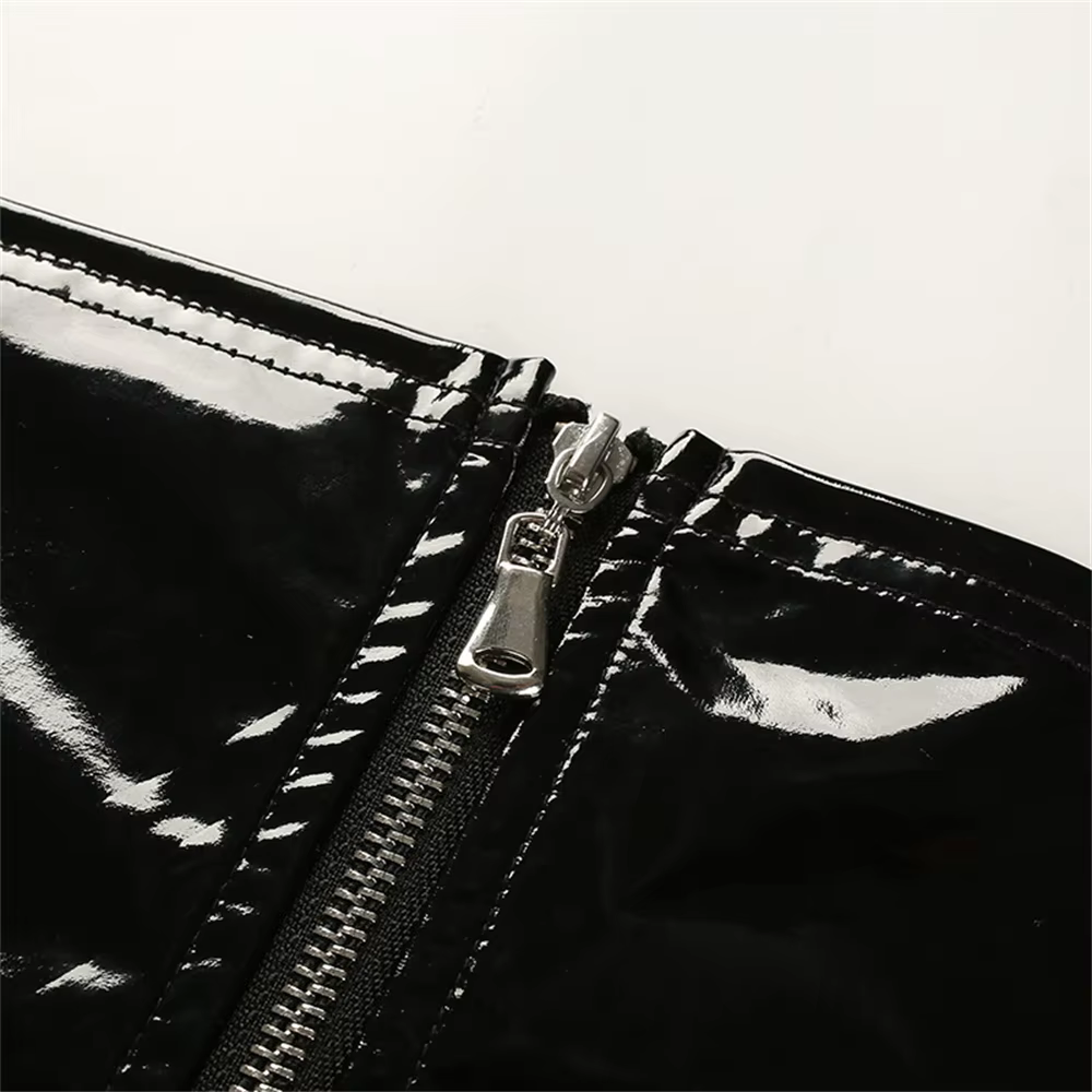 Débardeur court sexy en similicuir PU noir brillant avec fermeture éclair, style bandeau, bustier, b