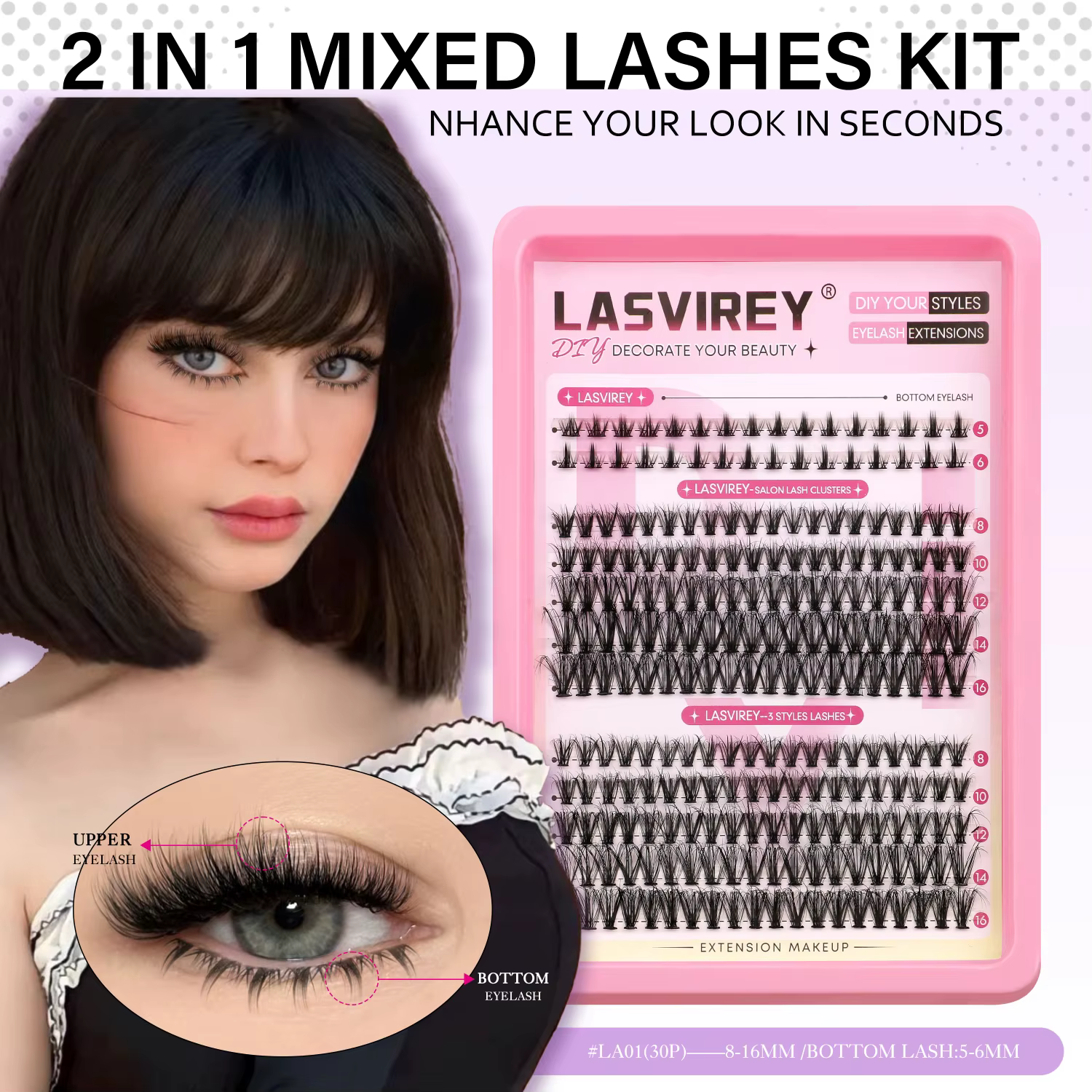 Lasvirey Kit de cils DIY, kit de cils duveteux, cils individuels mixtes avec extensions de cils infé