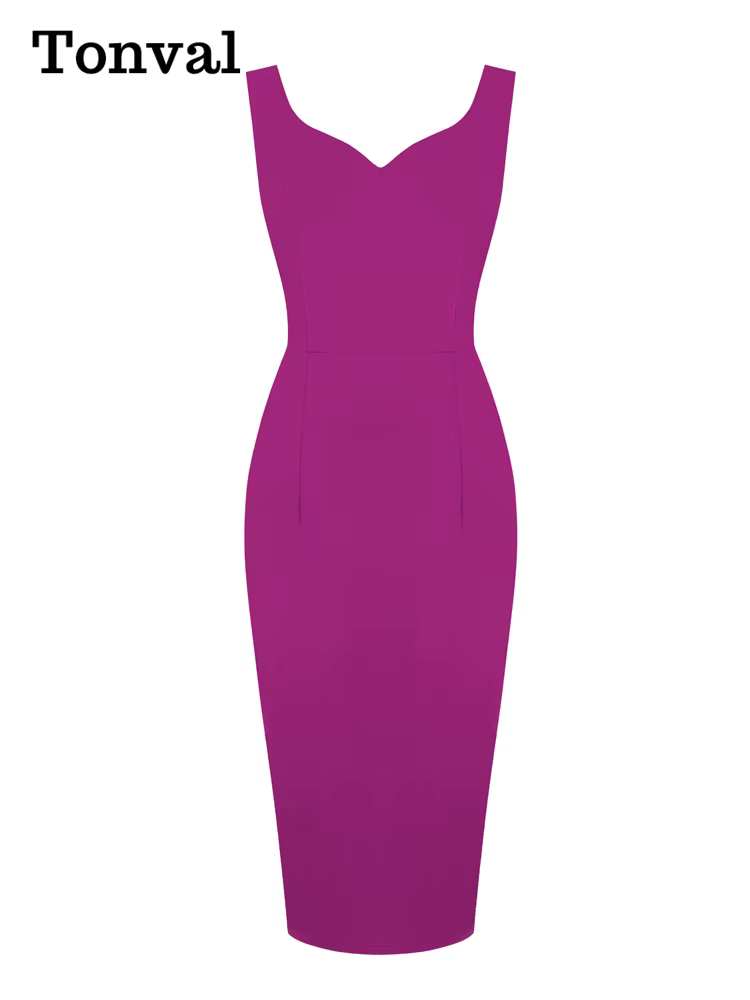 Tonval – robe crayon mi-longue pour femmes, col en cœur, sans manches, bureau, Vintage, rouge, coule
