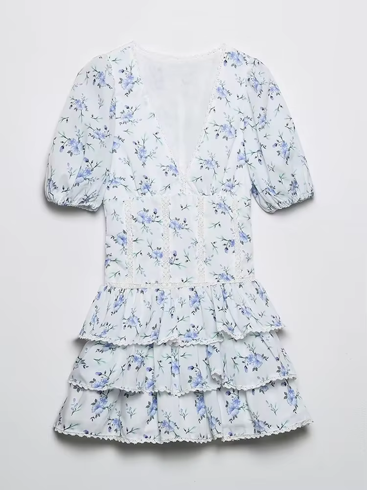 YENKYE-Mini robe à volants en dentelle pour femmes, imprimé floral, manches bouffantes vintage, garn