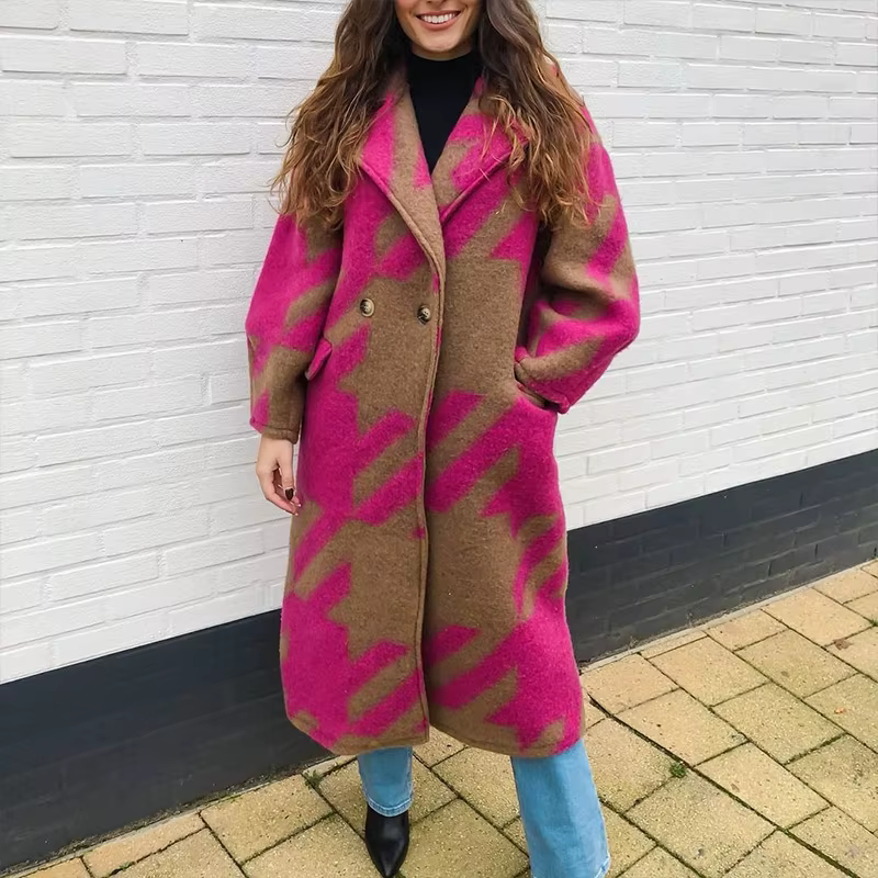 Manteau long en tweed imprimé double face pour femme, élégant, à revers, avec lacets, cardigan tenda