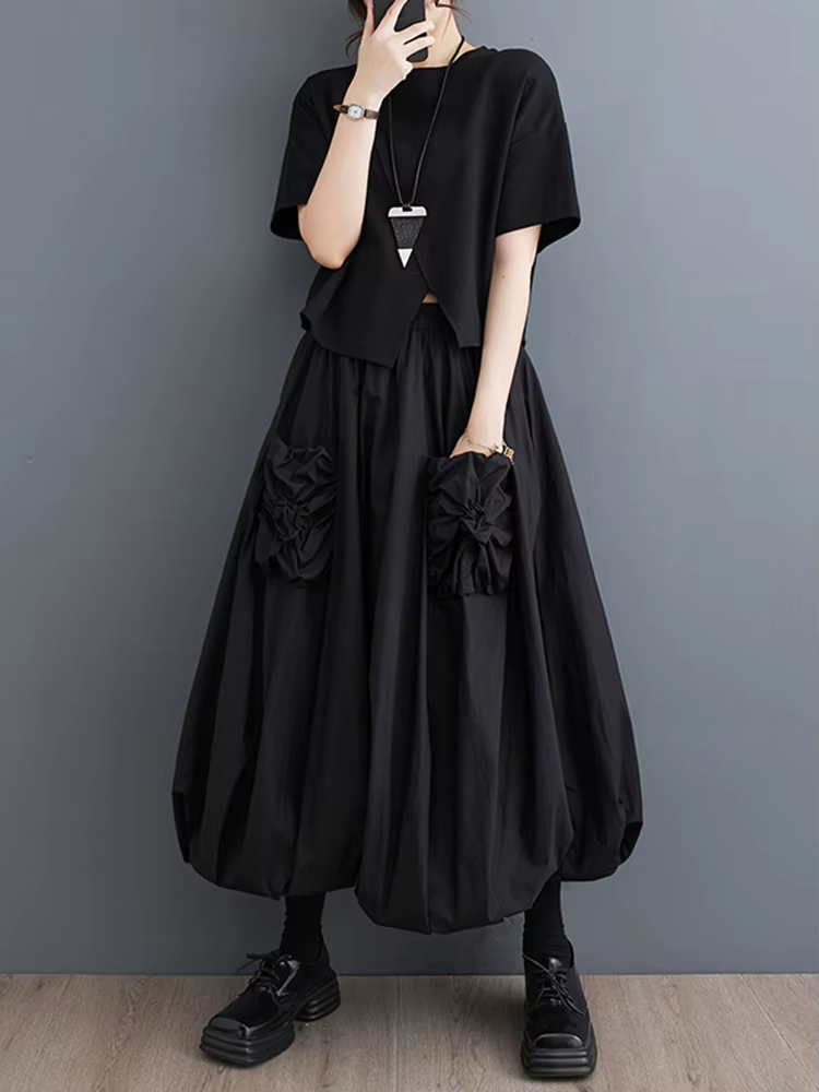 Jupe plissée noire vintage pour femmes, jupe longue bicouche, vêtements décontractés, taille haute, 