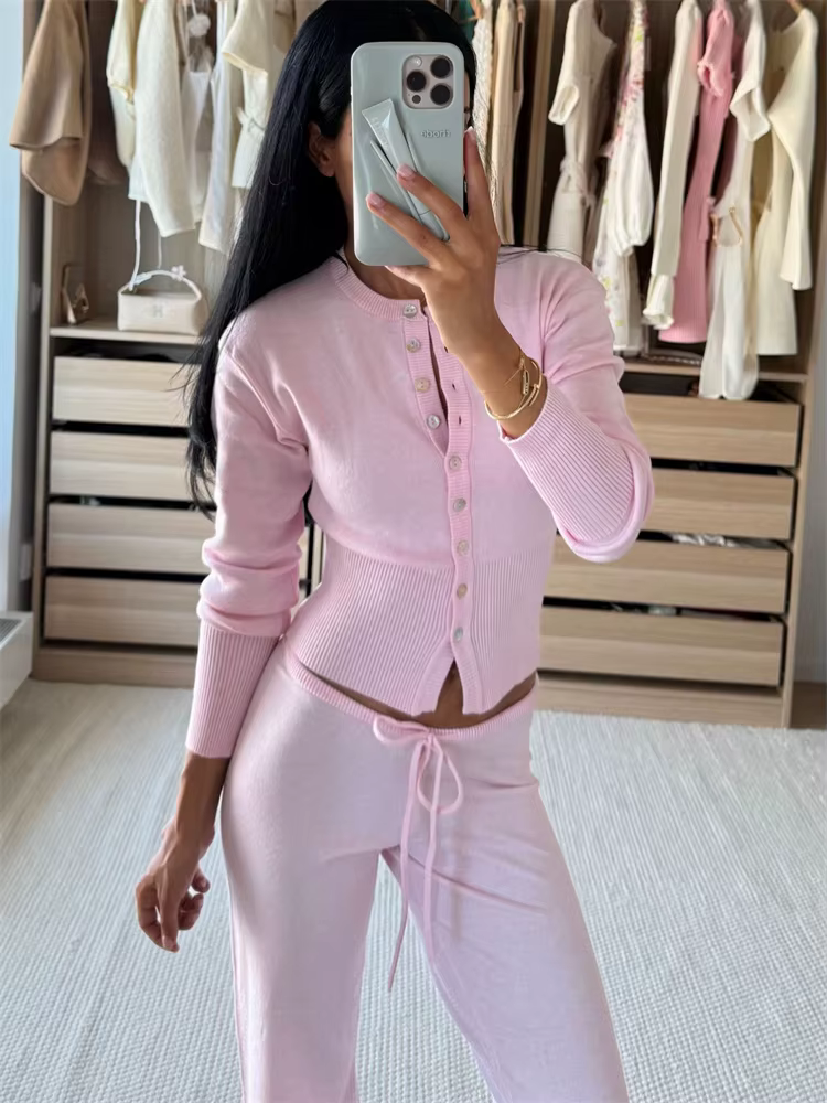 Tossy décontracté tricot femme tenues survêtement à lacets côtelé Cardigan haut et taille haute pant