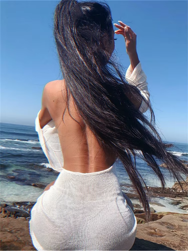 Femmes Sexy robe dos nu été à manches longues couleur unie voir à travers Club plage Mini robe maill