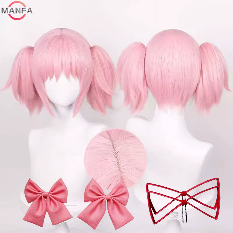 Madoka Kaname Cosplay perruques rose 30 cm pince courte queues de cheval Kaname Madoka Anime perruqu