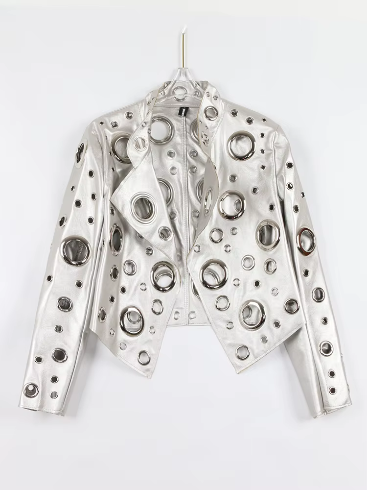 Nerazzurri-Veste courte en cuir PU évidée pour femme, Rivet, Cool mn fraîchement Designer Clothes, R