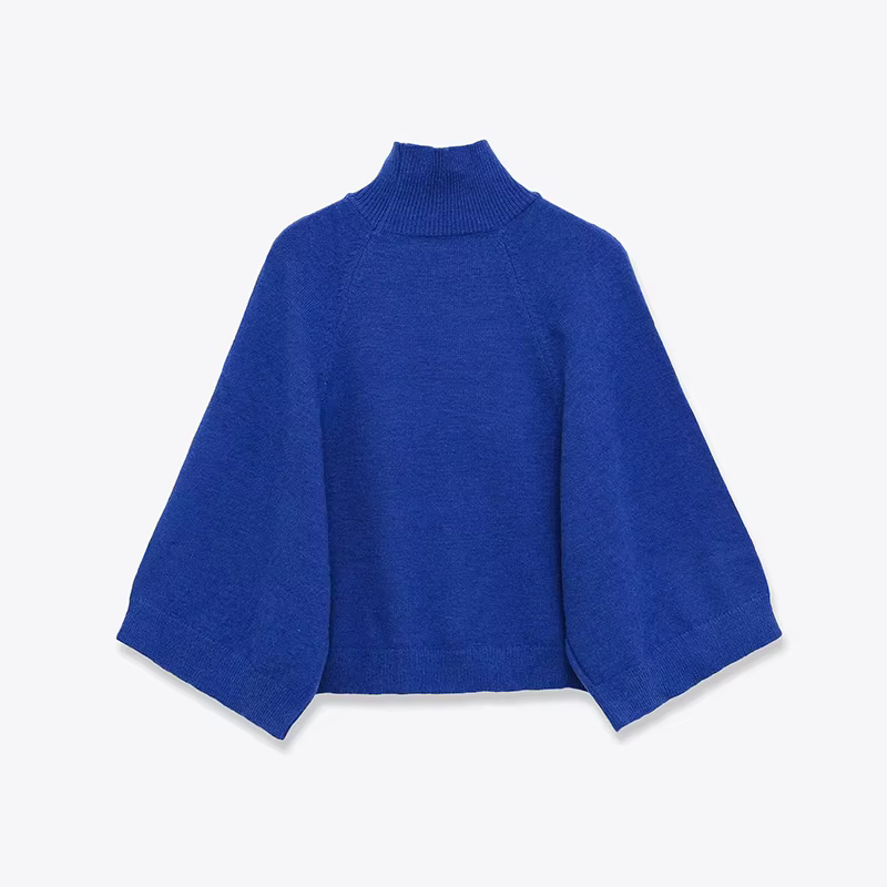 Pull en tricot bleu à manches larges pour femme, pull court à col haut, printemps 2025