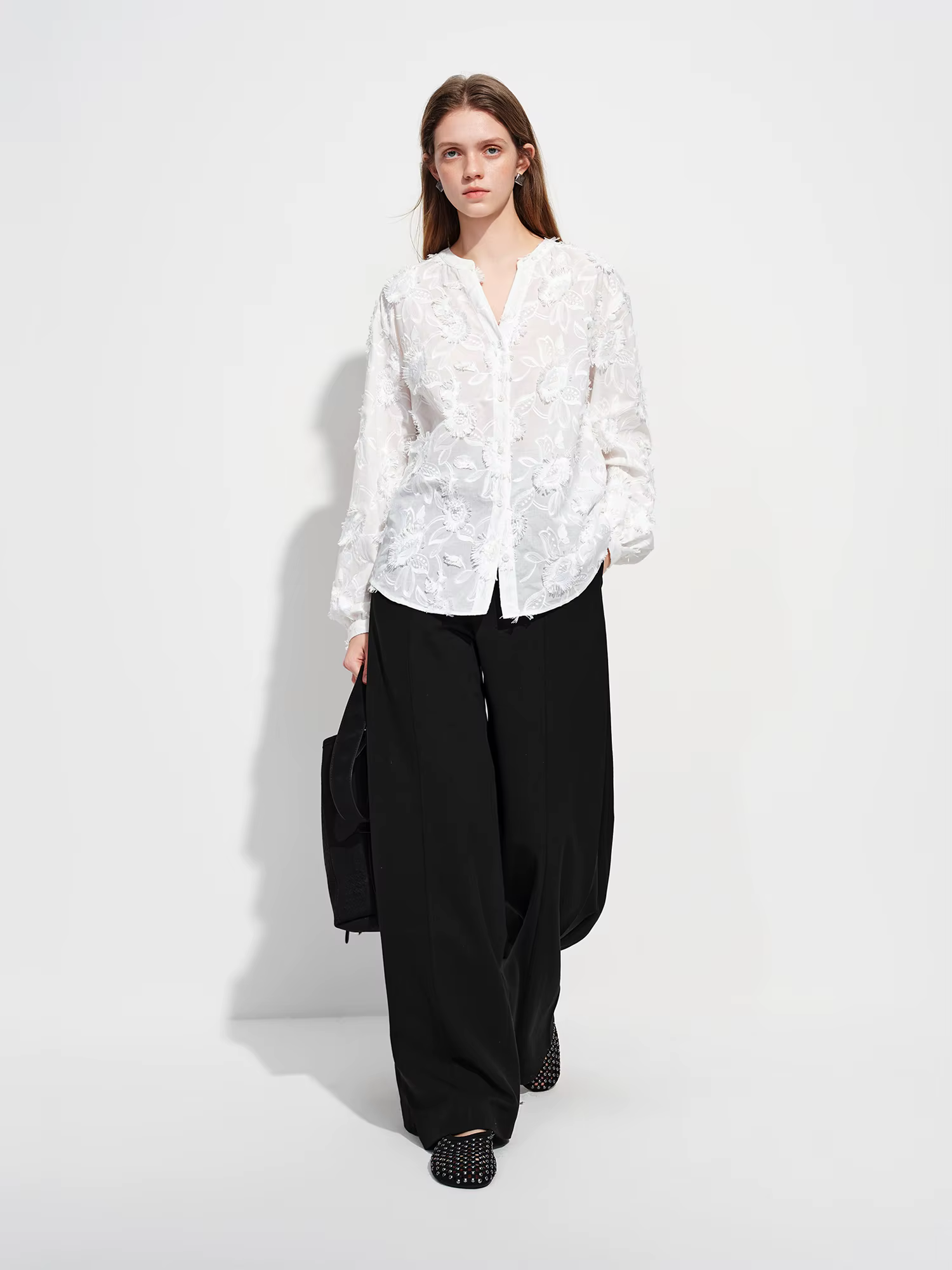 FSLE 2026 Nouvelle Blouse Femme Printemps-Été à Col Rond en Jacquard 3D, Chemise de Bureau à Manches