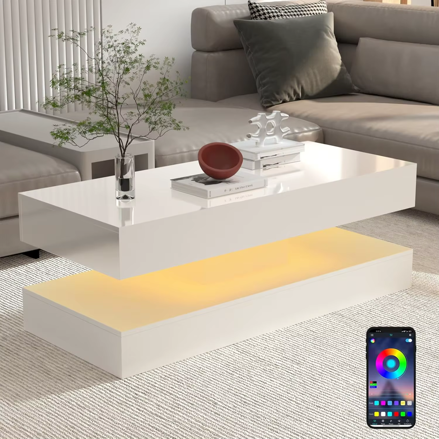 Table basse LED à haute brillance, table centrale moderne avec 2 rangements à proximité, 47,3 pouces