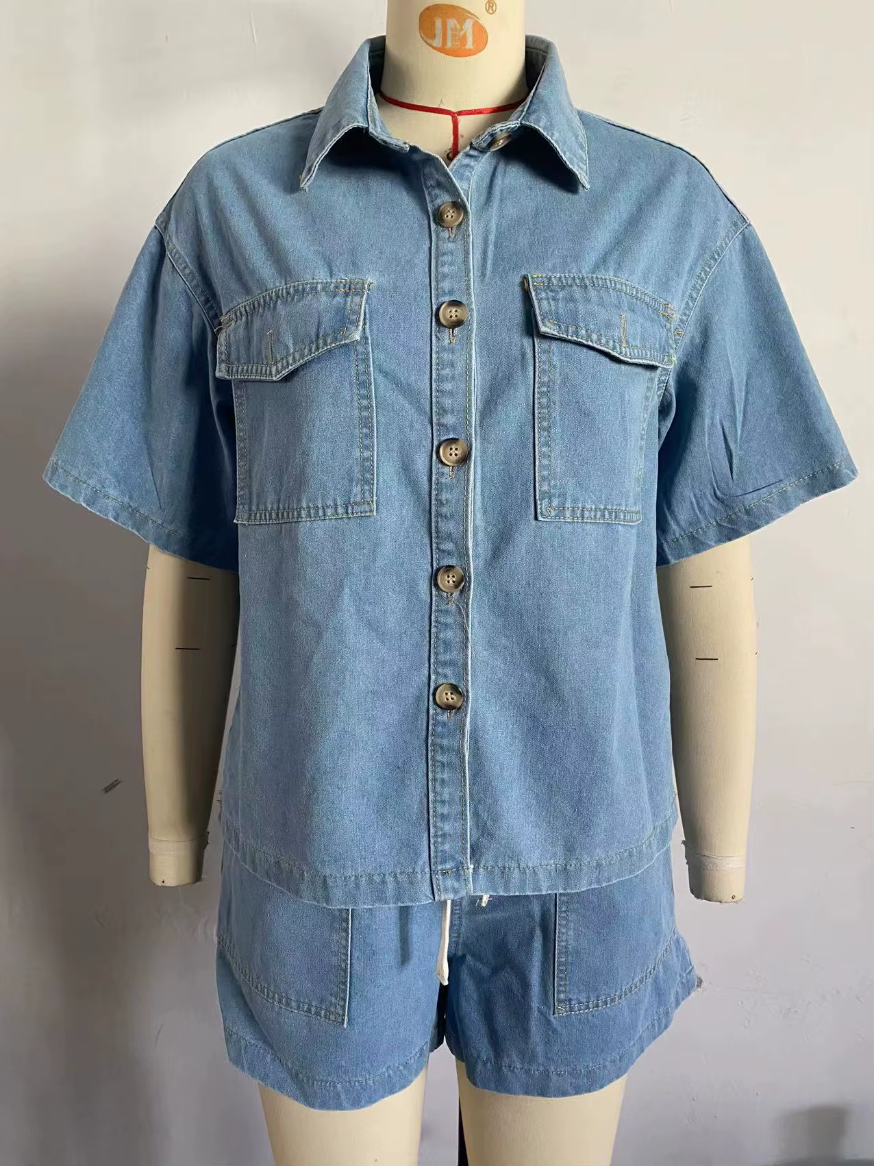 Costumes en denim vintage High Street pour femmes, manches courtes, chemise boutonnée confortable, e
