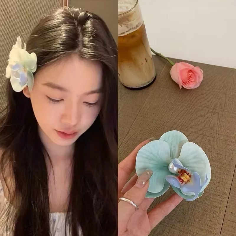 Pince à cheveux en forme de fleur d'orchidée rose doux, Barrettes à cheveux en perles coréennes, orn