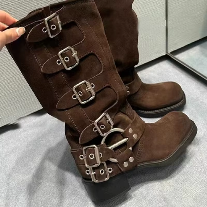 Chaussures de luxe pour femmes, bottes de moto Vintage avec boucle à talon épais de haute qualité, b