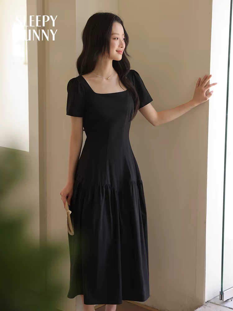 Robe longue française à manches courtes et col carré pour femmes, coupe cintrée, ligne a, Petite tai