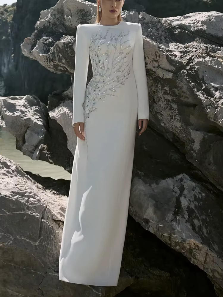HIGH STREET Nouvelle Collection 2026 Robe Longue de Soirée Formelle pour Femme, Manches Longues, Orn