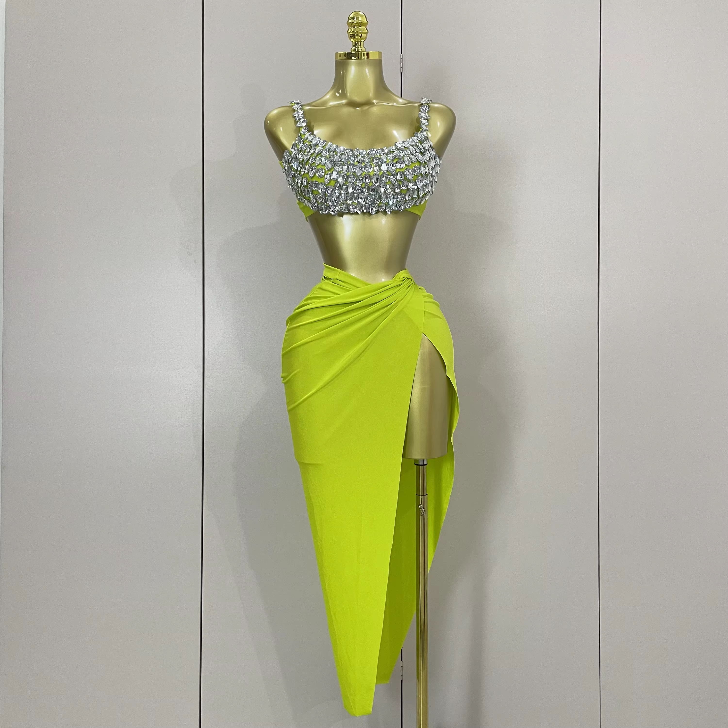 Ensemble deux pièces Sexy avec diamants en cristal scintillant pour femmes, Costume de spectacle sur