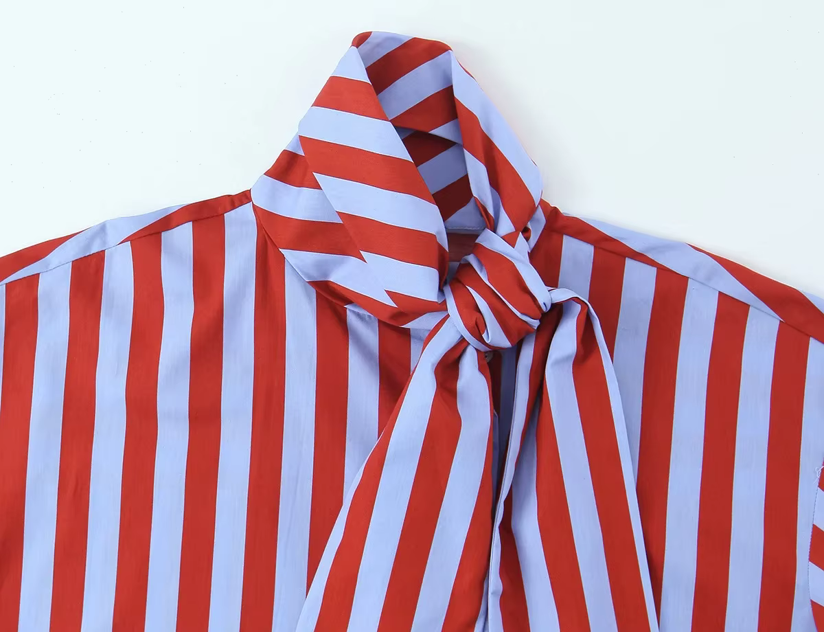 KONDALA Blouse Vintage Femme Rayée Col Rabattu Nœud Manches Longues Boutonnage Simple Mode Printemps