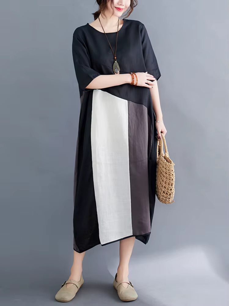 Robes en coton et lin vintage à contraste de couleurs pour femmes, nouvelle robe d'été décontractée