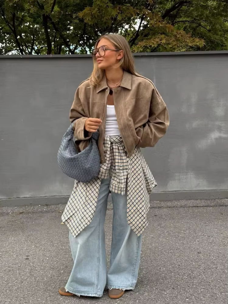Veste en daim kaki pour femme, ample, décontractée, col rabattu, fermeture éclair, manteau épais, vê