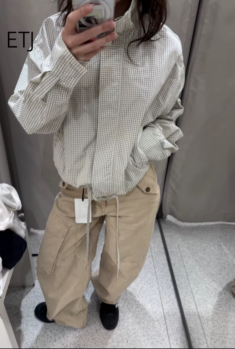 Veste Courte à Carreaux pour Femme ETJ, Col Montant, Manches Bouffantes, Coupe Oversize avec Ourlet 