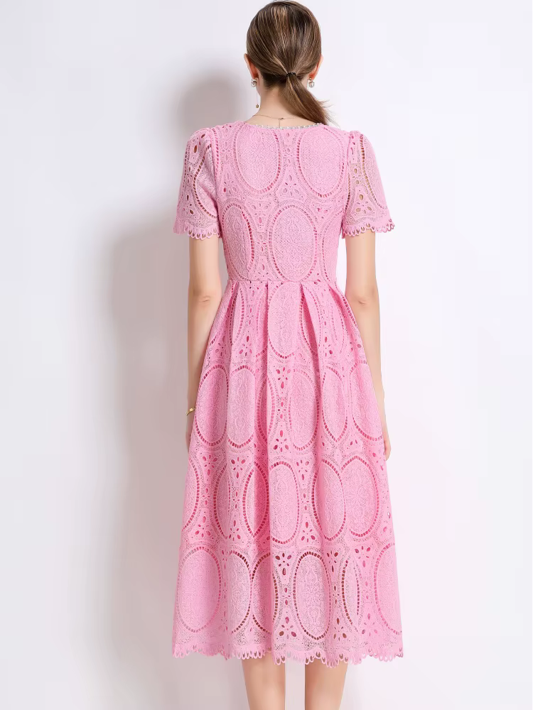 SMTHMA – robe élégante en dentelle, ajourée, perlée, haut de gamme, avec ceinture, col rond, manches