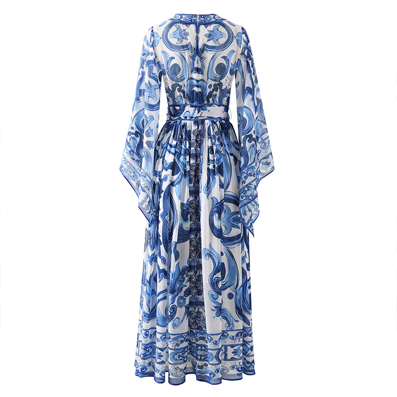 Robe de vacances à imprimé de porcelaine rouge bleu et blanc pour femmes, robe longue d'été, robe bo