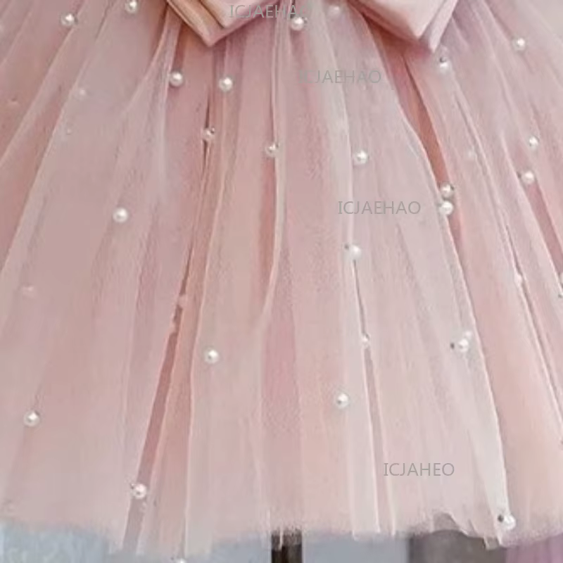 Robe de cérémonie pour enfant 2026 rose à manches bouffantes, ornée de perles et d'un nœud, pour dem