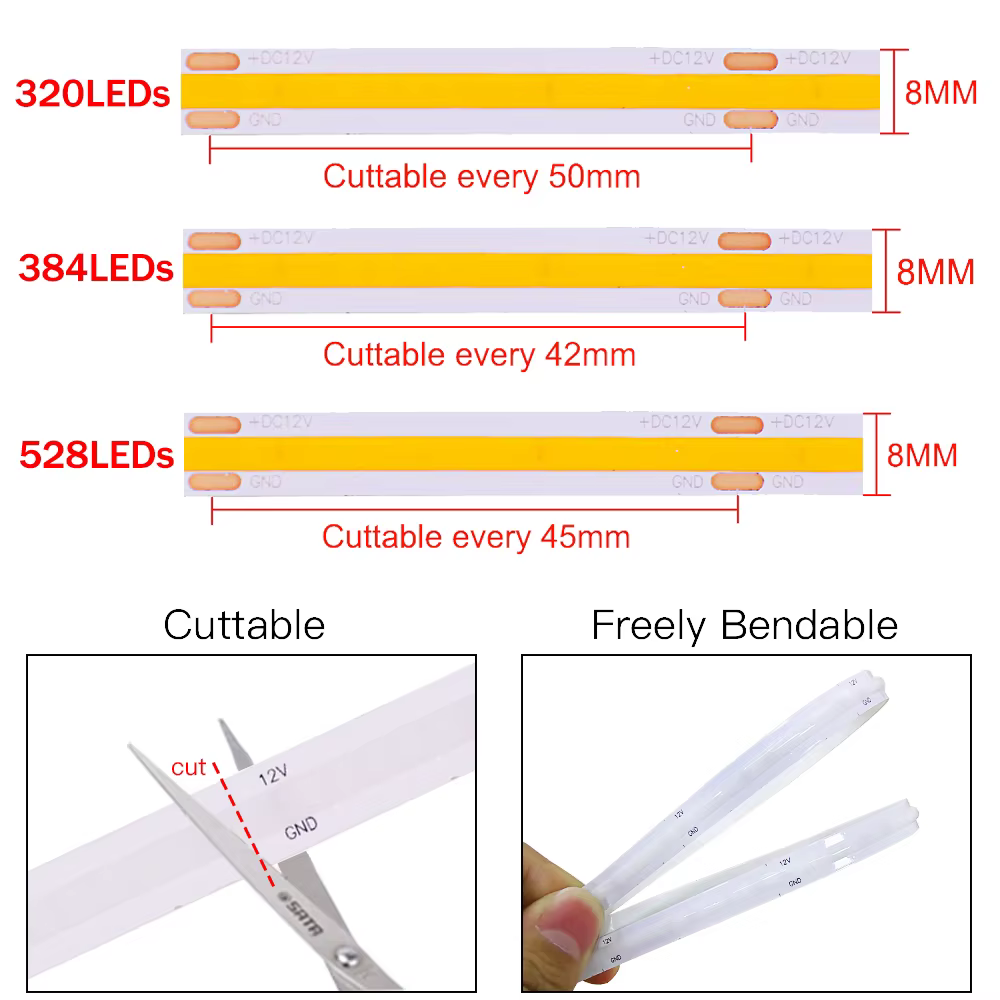 Bande lumineuse LED COB 320 384 480 528 LED, haute densité, Flexible, RA90, ruban lumineux, linéaire