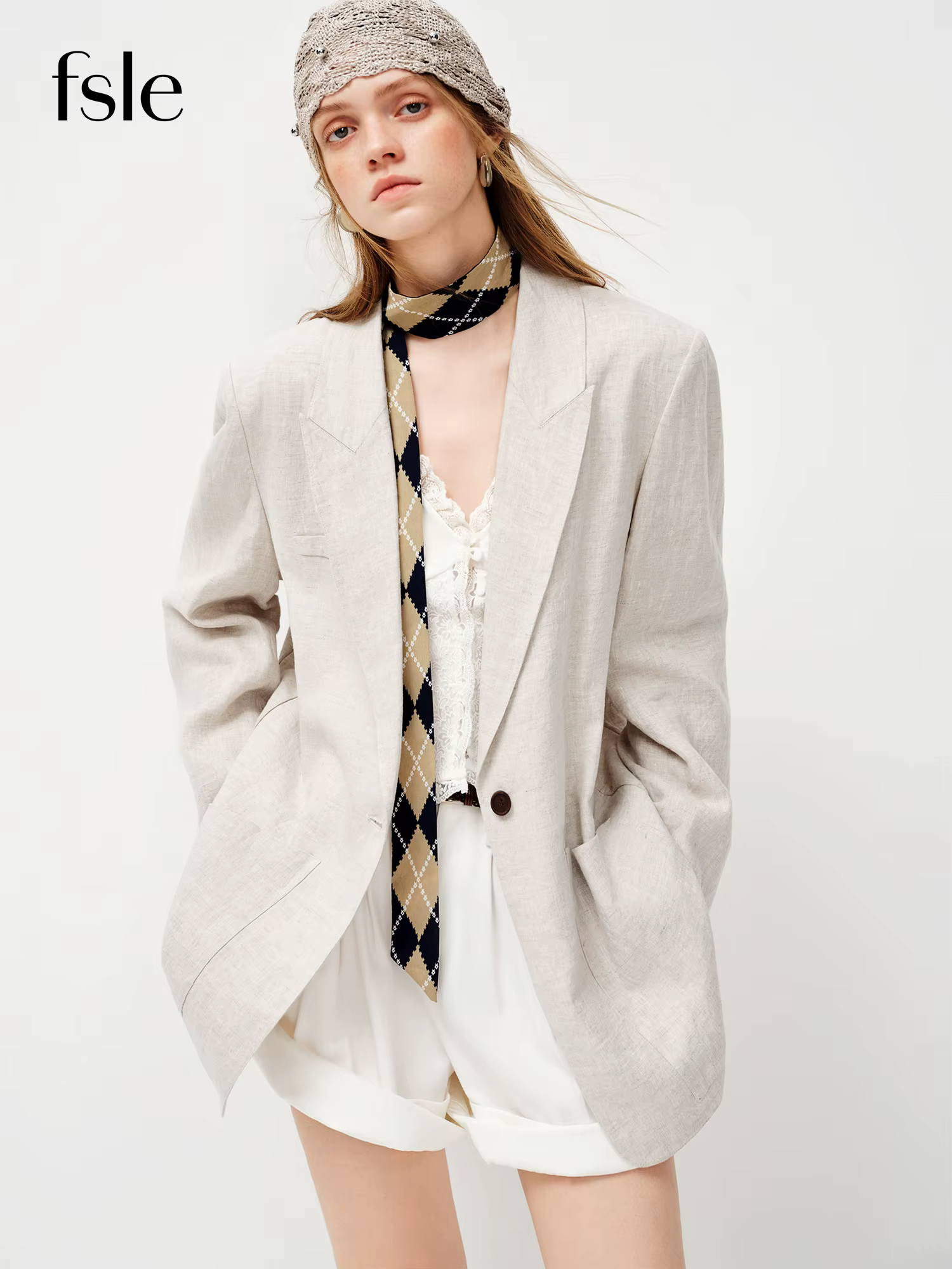 Blazer en lin 100 % pour femme FSLE Printemps 2026 - Coupe décontractée, surchemise non structurée p