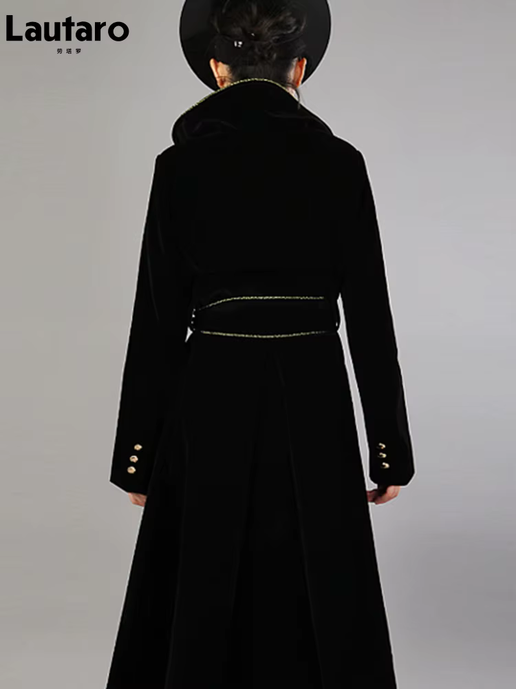 Lautaro-Manteau long en velours noir pour femme avec ceintures dorées, double boutonnage, mode de cr