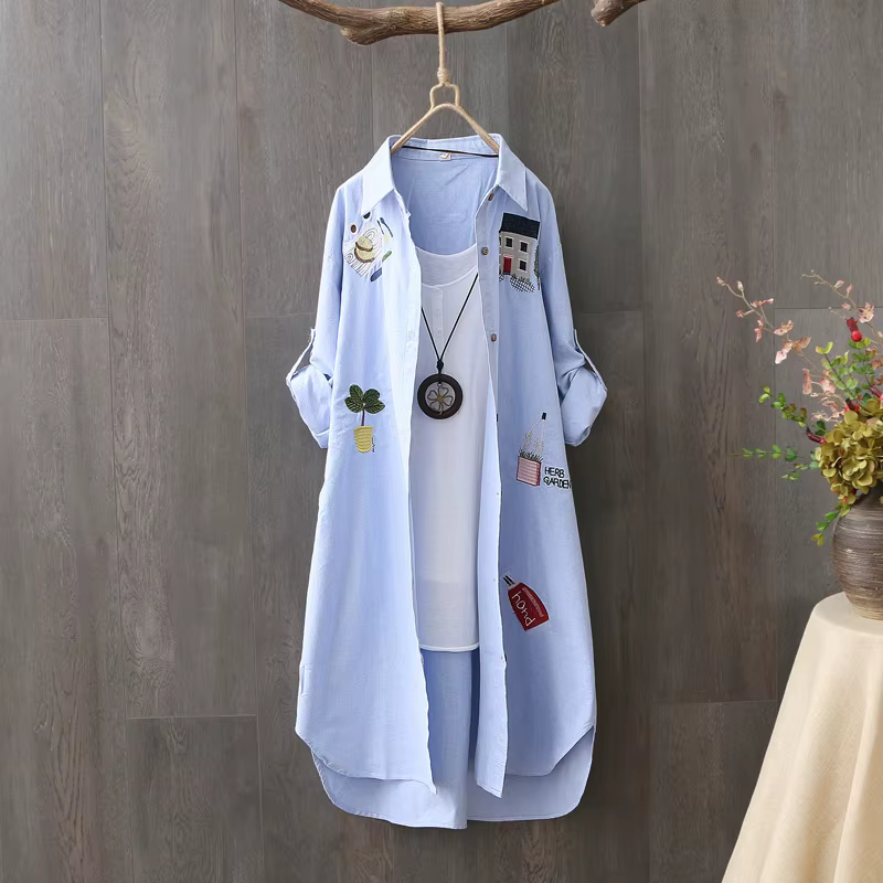 Femmes coton broderie ample longues chemises blanches 2025 printemps automne nouveau décontracté bur