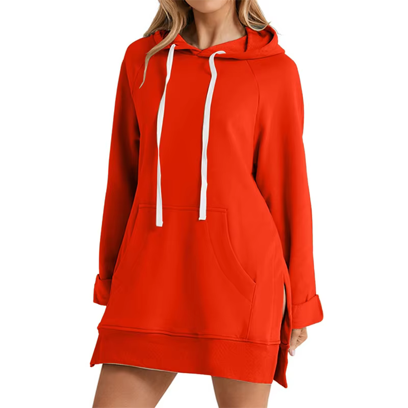 Robe à capuche pour femmes, ourlet fendu, cordon de serrage, ample avec grande poche, pull à capuche