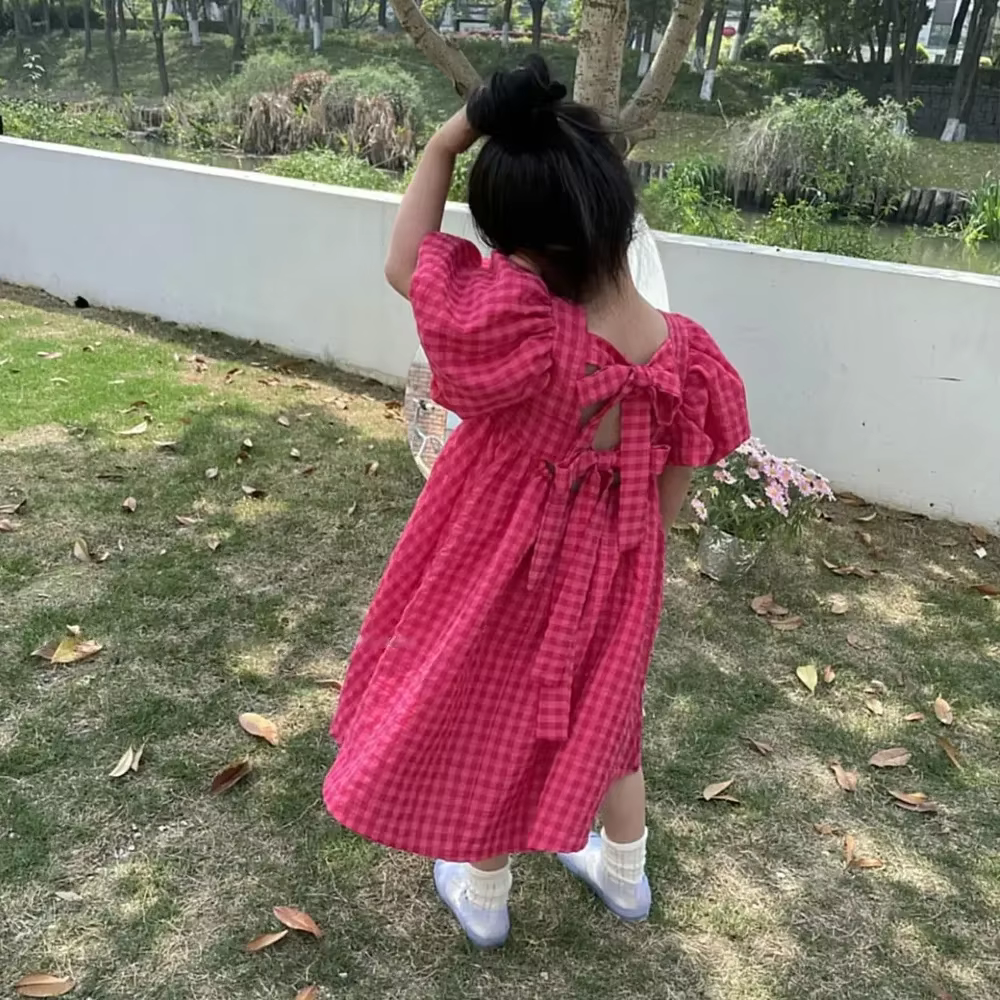 Bear Leader – robe mi-longue à carreaux, Rose, avec nœud, élégante, Lolita, pour enfants, grandes fi
