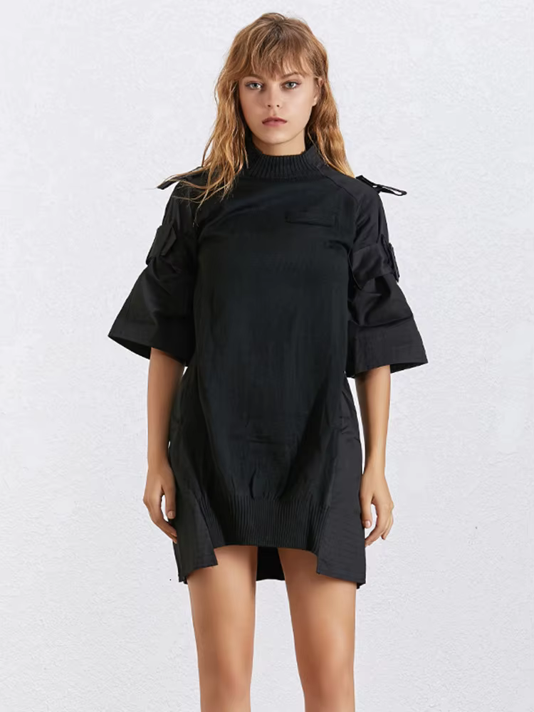 TWOTWurea YLE-Robe tunique unie pour femme, col rond, manches courtes, taille haute, lacets épissés,
