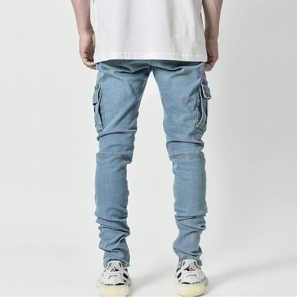 Jean élastique de rue pour hommes, pantalon Cargo en Denim, couleur unie, multi-poches, décontracté,