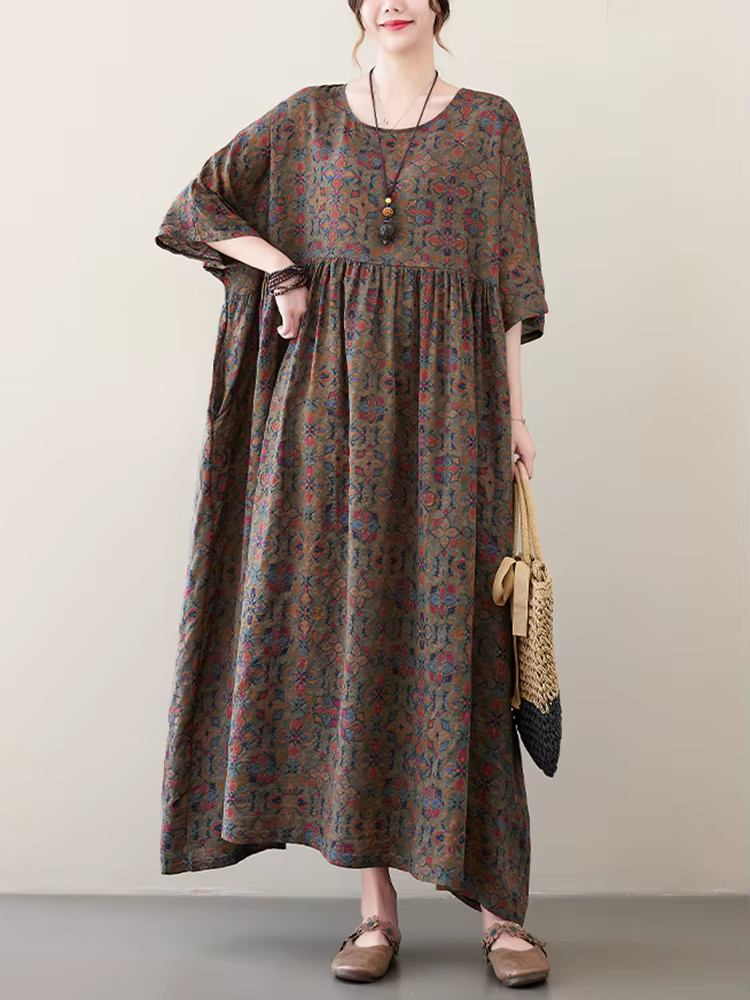 Robe longue vintage en coton à manches courtes et imprimé violet pour femme – Collection été 2026 – 